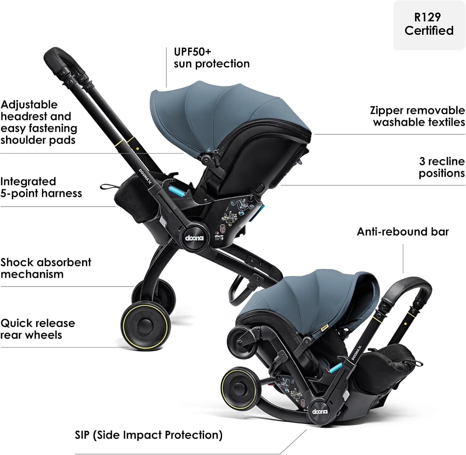 Doona X Baby Car Seat & Travel Stroller Ocean Blue - Convertible 0+ Car Seat and Pram with 3 Recline Positions